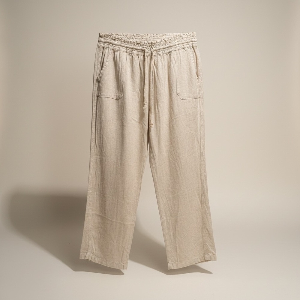 Angel Kiss Womens XL Linen‎ Blend Wide Leg Pants Beige Elastic Drawstring